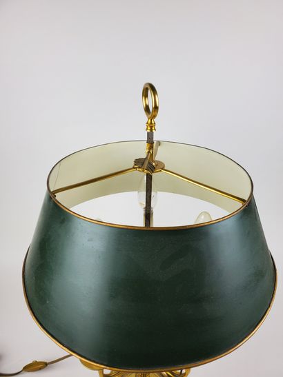 null Brass "bouillotte" table lamp with three arms of light featuring hunting horns.
Shade...