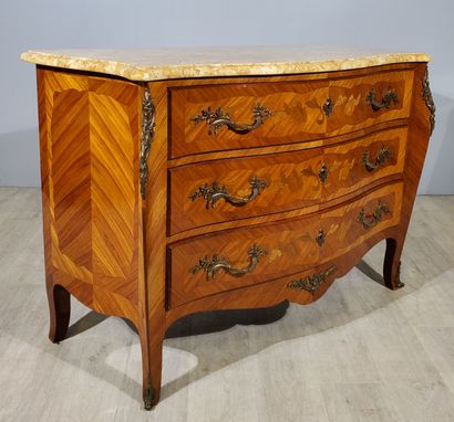 null Louis XV-style all-sided curved COMMODE in rosewood veneer with inlaid flowers...