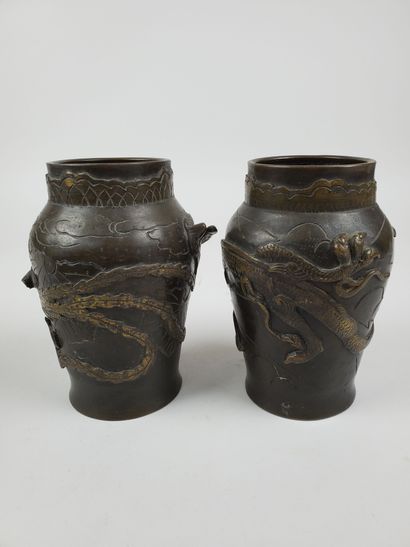 null JAPAN - Circa 1900
Pair of bronze vases with brown patina, decorated in relief...