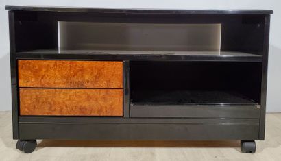 null Paul MICHEL (1951) 
Black lacquered wood and elm burr base cabinet on casters,...