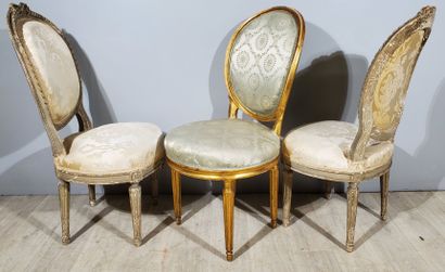 null SIX Louis XVI style SEATS 
Comprising a pair of armchairs, three chairs and...
