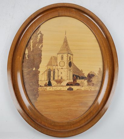 null SPINDLER 
"Hunawihr Church 
Oval marquetry framed under glass
Signed lower right
H...
