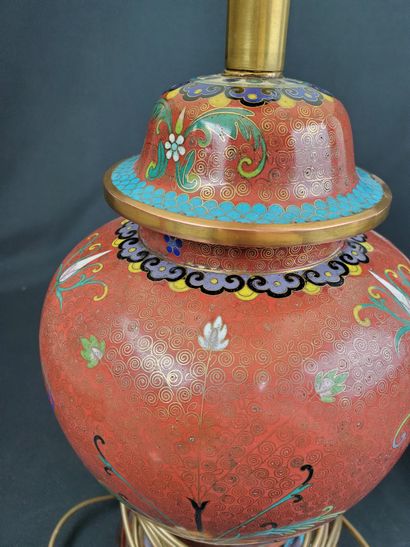 null ASIA 
A red cloisonné vase and lamp base with vegetation motifs
Height of lamp...