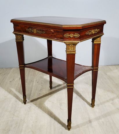 null Empire-style mahogany veneered side table or tea table, inlaid butterfly wing...