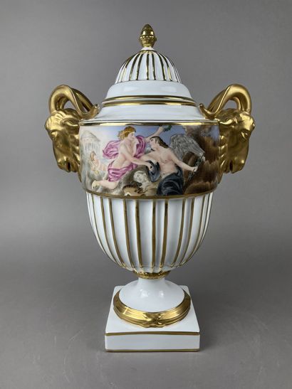 null LARGE ovoid porcelain covered VASE on pedestal and square base, with polychrome...