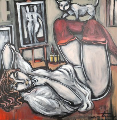 null Philippe MARTINERY (XX-XXI) 
"Woman with red stockings and cat 
Oil on canvas
Signed...