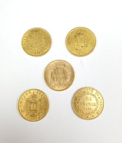null FIVE GOLDEN PIECES:
- 2 Austro-Hungarian coins (1875 and 1885)
- 1 20-franc...