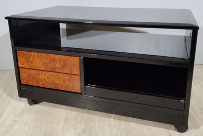 null Paul MICHEL (1951) 
Black lacquered wood and elm burr base cabinet on casters,...
