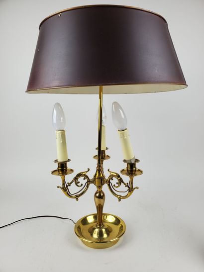 null Gilded bronze "bouillotte" TABLE LAMP, three arms, burgundy-red lacquered sheet...