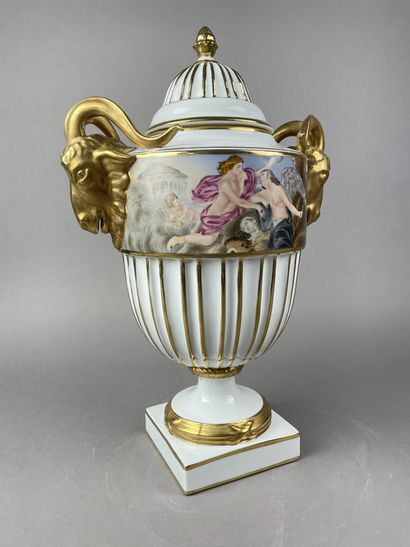 null LARGE ovoid porcelain covered VASE on pedestal and square base, with polychrome...