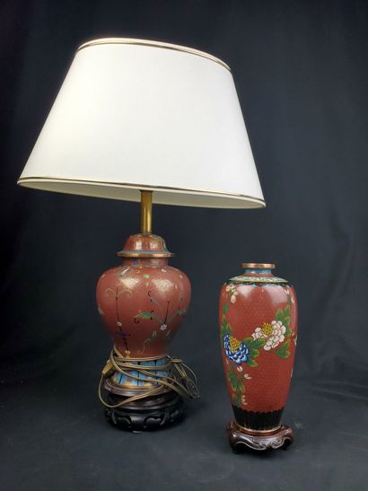 null ASIA 
A red cloisonné vase and lamp base with vegetation motifs
Height of lamp...