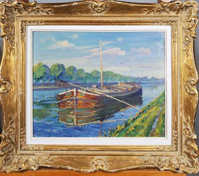 null Oscar THURILLOT (1880-1950)
"Barge
Oil on panel
Signed lower right
H 32 x W...