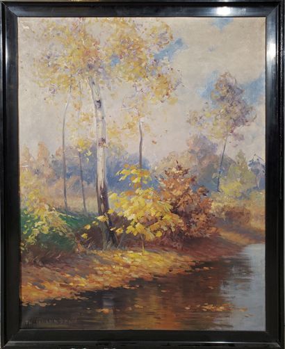 null Theodor JOHANNSEN (1868-1947) 
"Autumnal riverside 
Oil on canvas
Signed lower...