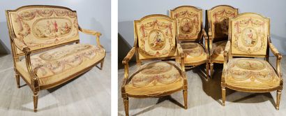 null Louis XVI-style SALON comprising four cabriolet armchairs and a bench seat....