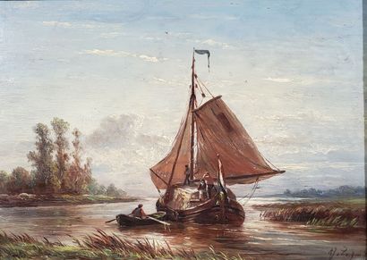 null Albert Jurardus VAN PROOYEN (1834-1898)
"Boat and Sailboat"
Oil on panel 
Signed...