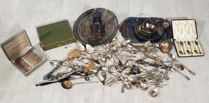 null LOT of silver plated metal including dishes, spoons, forks, ladle, knives and...