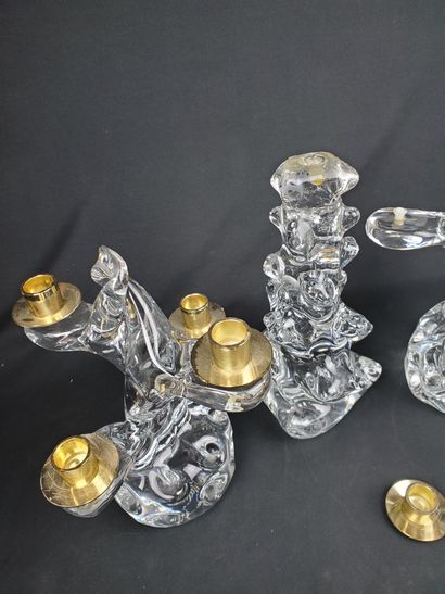 null SCHNEIDER FRANCE :
Pair of candlesticks and a table lamp in molded clear crystal,...