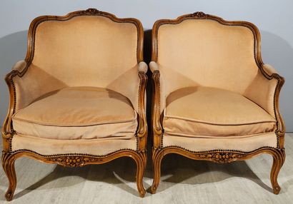 null Pair of Louis XV style wing chairs, molded and carved wood structure with flowers,...