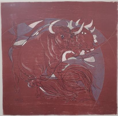 null Hans ERNI (1909-2015)
"Rooster, bull and moon"
Lithograph framed under glass...