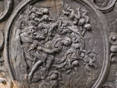 null LARGE cast iron fireback depicting lovers surrounding a damsel
H 78 x W 80 ...