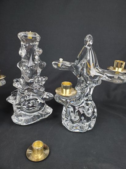 null SCHNEIDER FRANCE :
Pair of candlesticks and a table lamp in molded clear crystal,...