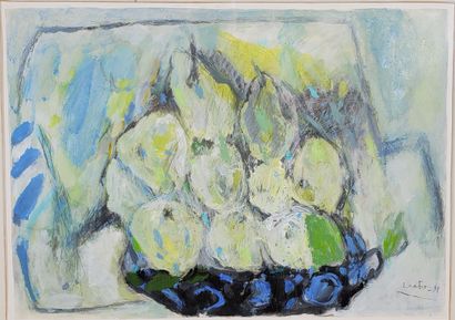 null Hans LAABS (1915-2004) 
"Pears
1991 
Mixed media on paper, framed under glass
Signed...