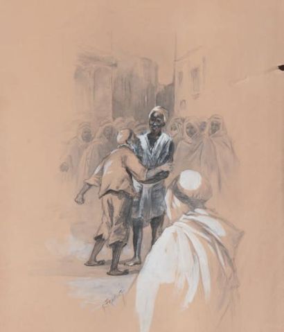 Georges FRAIPONT (1873-1912) Au souk. Gouache et crayon. Signé en bas à gauche. 24...