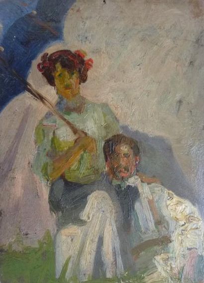 Frédéric Marius DE BUZON (1879-1958) Le couple. Huile sur carton. Cachet d'atelier...