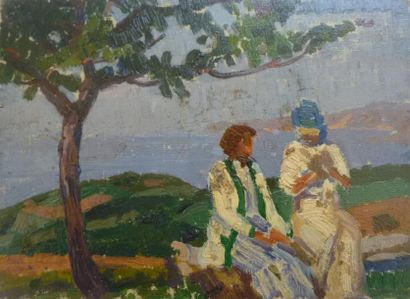 Frédéric Marius DE BUZON (1879-1958) Couple dans un paysage. Huile sur carton. Cachet...
