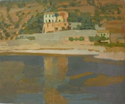 Frédéric Marius DE BUZON (1879-1958) Paysage à la maison au bord du lac. Huile sur...