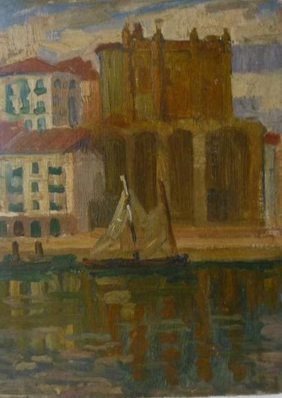Frédéric Marius DE BUZON (1879-1958) Bateau à quai. Huile sur panneau. Cachet d'atelier...