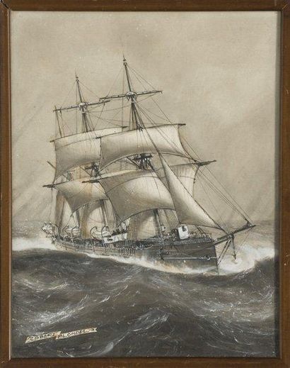 Robert BLONDEL Croiseur. Gouache monochrome. Epoque XIXème siècle. 48 x 38 cm.