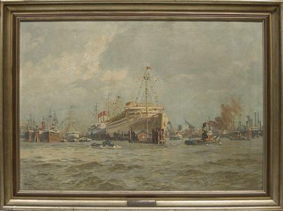 Adolf MÜHLHAN (1886-1956) Port de Hambourg. Huile sur toile. Signée en bas à gauche....