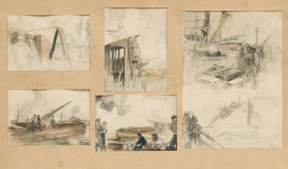 Charles FOUQUERAY (1869-1956) Cinq dessins aquarellés sur le thème de la marine ...