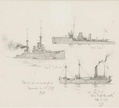 Frédéric BERNELLE Profil de bateaux de guerre anglais. Début XXème siècle. Dessin....