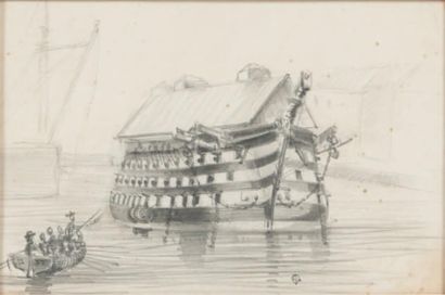 null Ponton dans le port de Toulon Dessin. Début XIXème siècle. 19 x 29 cm.