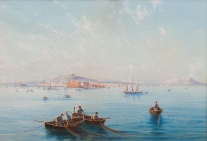 Gioacchino LA PIRA (act.1839-1870) Napoli dal mare. Gouache sur papier. Signée en...