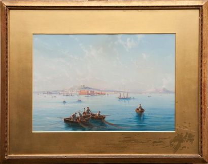 Gioacchino LA PIRA (act.1839-1870) Napoli dal mare. Gouache sur papier. Signée en...