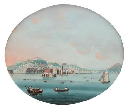 Ecole Napolitaine du XIXème siècle La baie de Naples vue de la mer. Gouache sur papier...