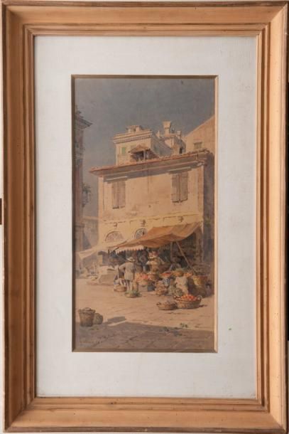 Angelos GIALLINA (1857-1939) Vue du marché de Corfou. Paire d'aquarelles. Signées...