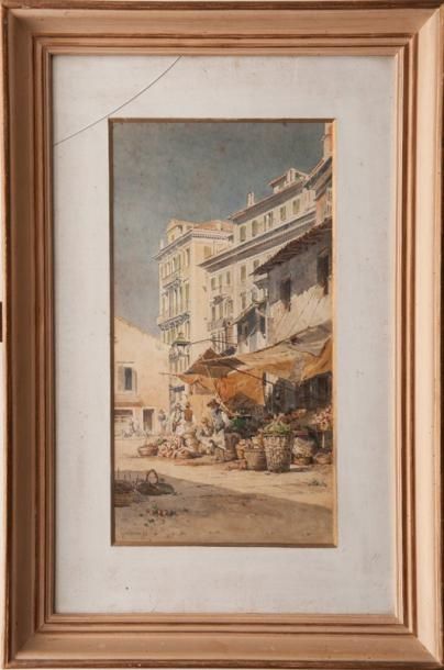 Angelos GIALLINA (1857-1939) Vue du marché de Corfou. Paire d'aquarelles. Signées...
