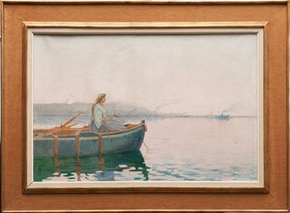 Gilbert GALLAND (1870-1956) Jeune fille dans la baie d'Alger. Huile sur toile. Signée...
