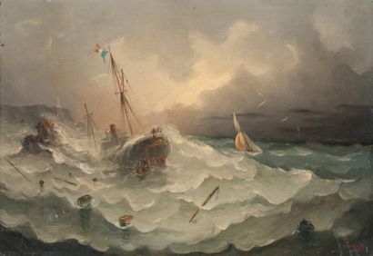 Carlo SOCRATE (1889-1967) Bateau dans la tempête. Huile sur panneau. Signée en bas...