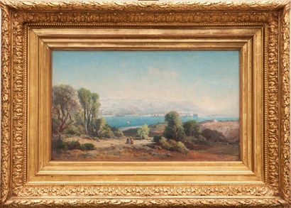 Vincent COURDOUAN (1810-1893) Rade de Toulon, vue des Sablettes. Huile sur toile....
