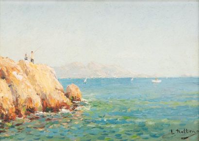 Louis NATTERO (1870-1915) Pêcheurs sur les rochers. Huile sur panneau. Signée en...