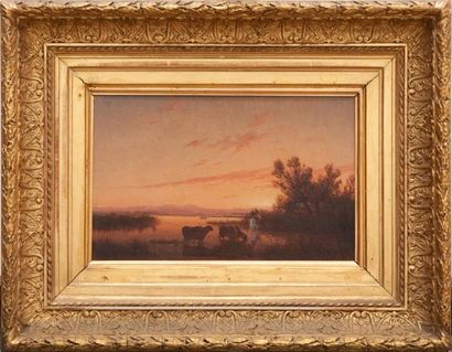 Louis Edouard CAUVIN (1816-1900) Paysage lacustre animé au crépuscule. Huile sur...