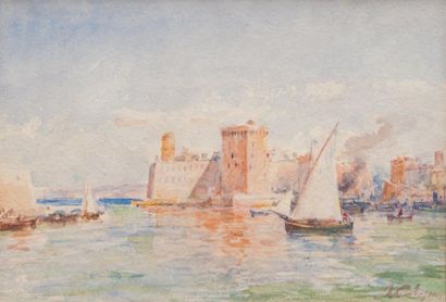 Joseph CABASSON (1841-1920) Voilier sortant du Vieux-Port de Marseille. Aquarelle...