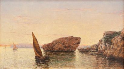 Victor Luc GELU (1848-1922) Barques dans calanque. Huile sur panneau. Signée en bas...