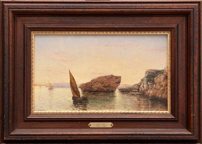 Victor Luc GELU (1848-1922) Barques dans calanque. Huile sur panneau. Signée en bas...
