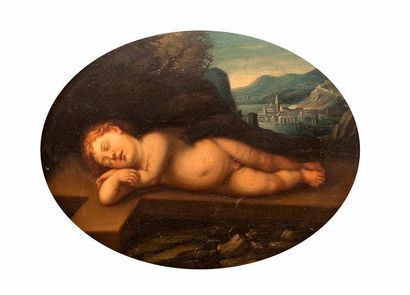 Ecole italienne du XVIIème siècle Enfant endormi sur une croix dans un paysage. Huile...